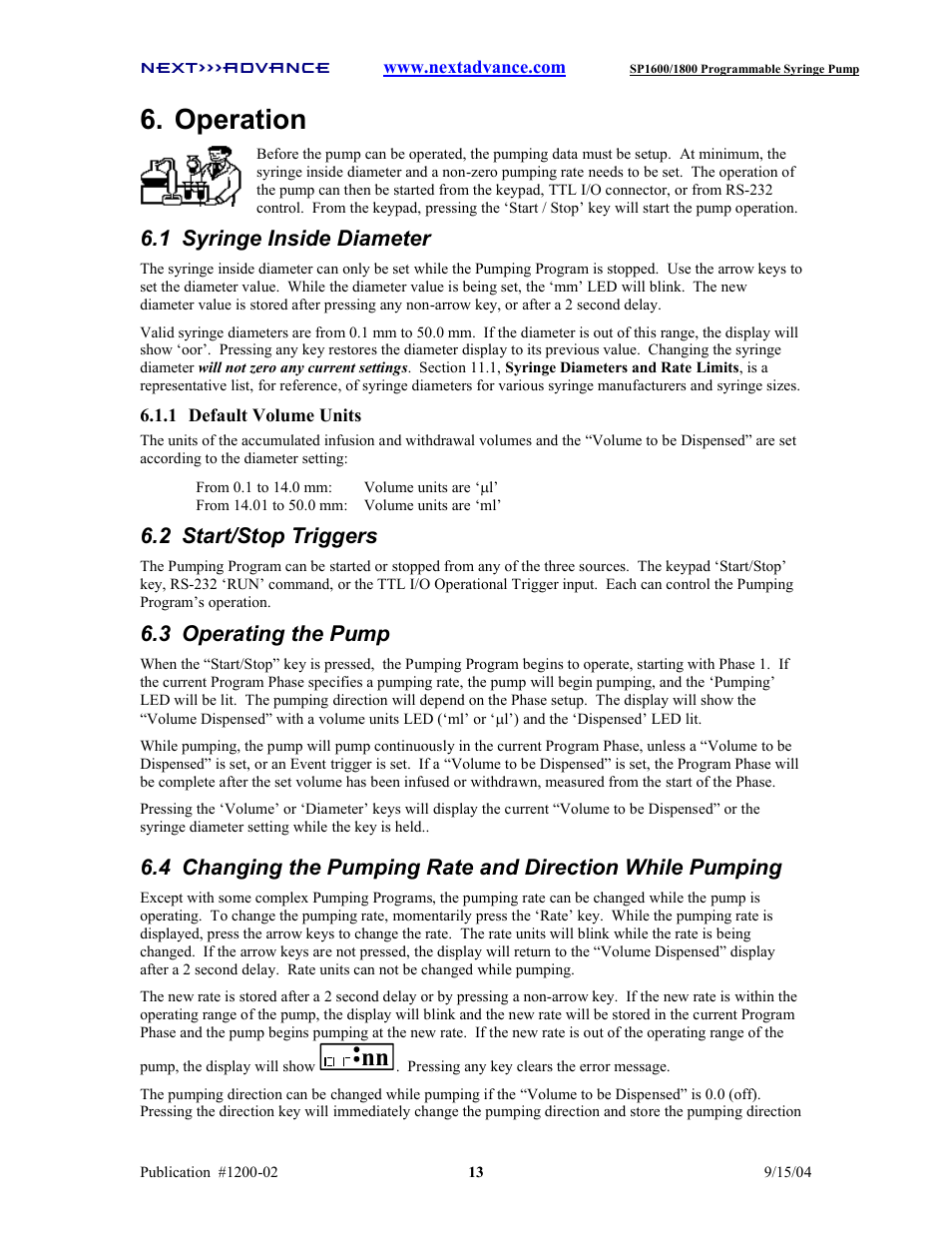 Operation, 1 syringe inside diameter, 2 start/stop triggers | 3 operating the pump | Next Advance SP1800 User Manual | Page 18 / 57