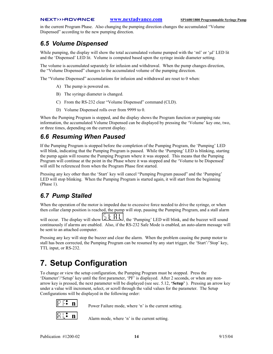 Setup configuration, 5 volume dispensed, 6 resuming when paused | 7 pump stalled | Next Advance SP1800 User Manual | Page 19 / 57