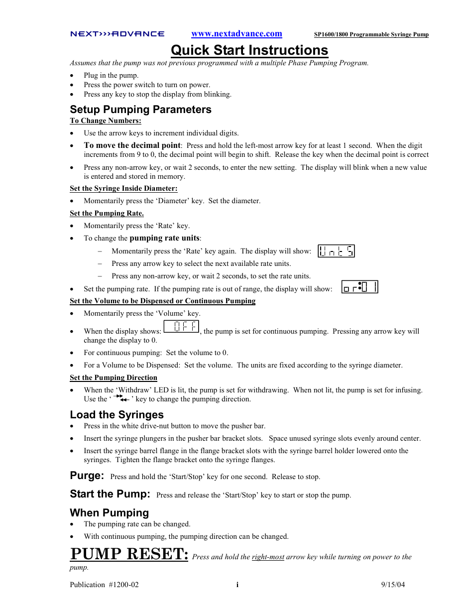 Pump reset, Quick start instructions, Setup pumping parameters | Load the syringes, Purge, Start the pump, When pumping | Next Advance SP1800 User Manual | Page 2 / 57