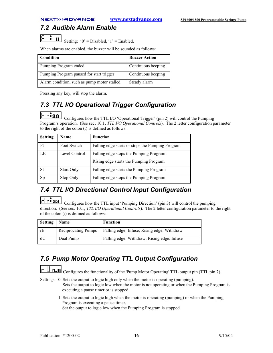 2 audible alarm enable, 3 ttl i/o operational trigger configuration, 4 ttl i/o directional control input configuration | 5 pump motor operating ttl output configuration | Next Advance SP1800 User Manual | Page 21 / 57