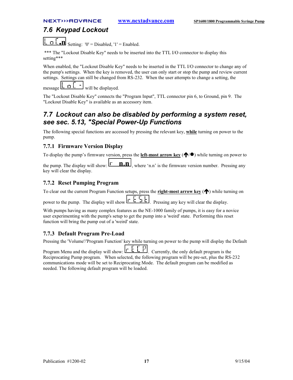 6 keypad lockout | Next Advance SP1800 User Manual | Page 22 / 57