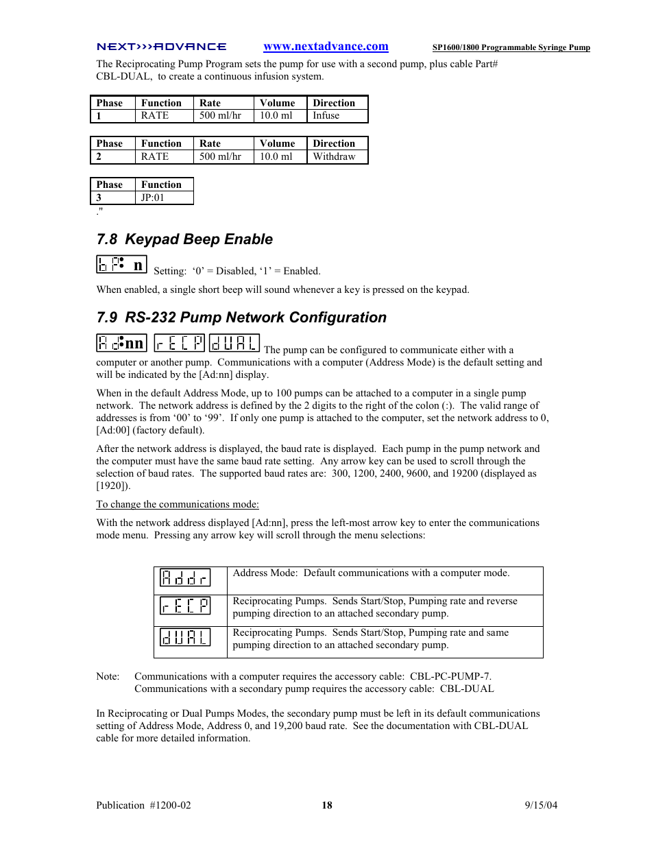 8 keypad beep enable, 9 rs-232 pump network configuration | Next Advance SP1800 User Manual | Page 23 / 57