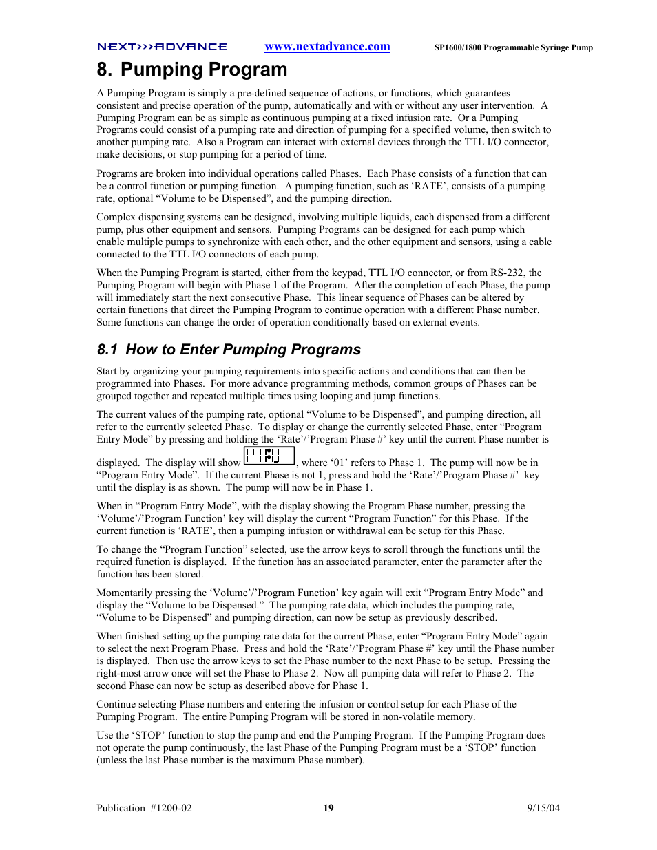 Pumping program, 1 how to enter pumping programs | Next Advance SP1800 User Manual | Page 24 / 57