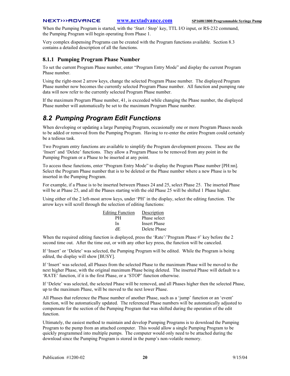 2 pumping program edit functions | Next Advance SP1800 User Manual | Page 25 / 57