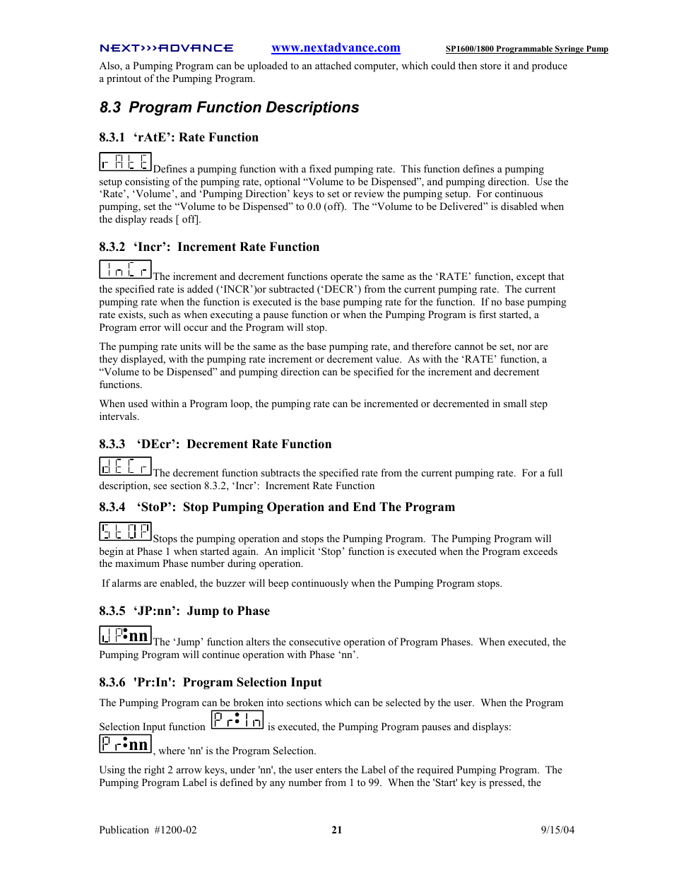 3 program function descriptions | Next Advance SP1800 User Manual | Page 26 / 57
