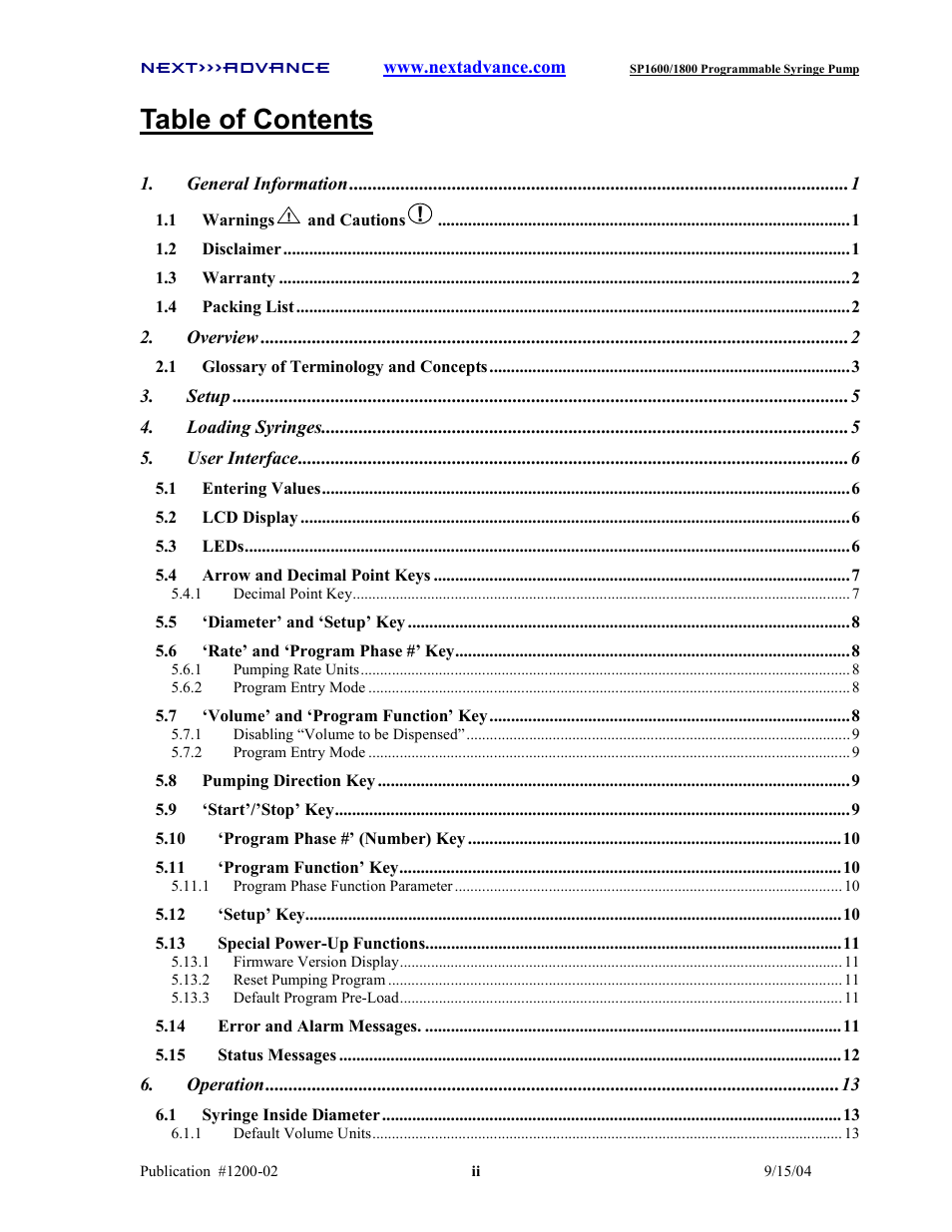 Next Advance SP1800 User Manual | Page 3 / 57