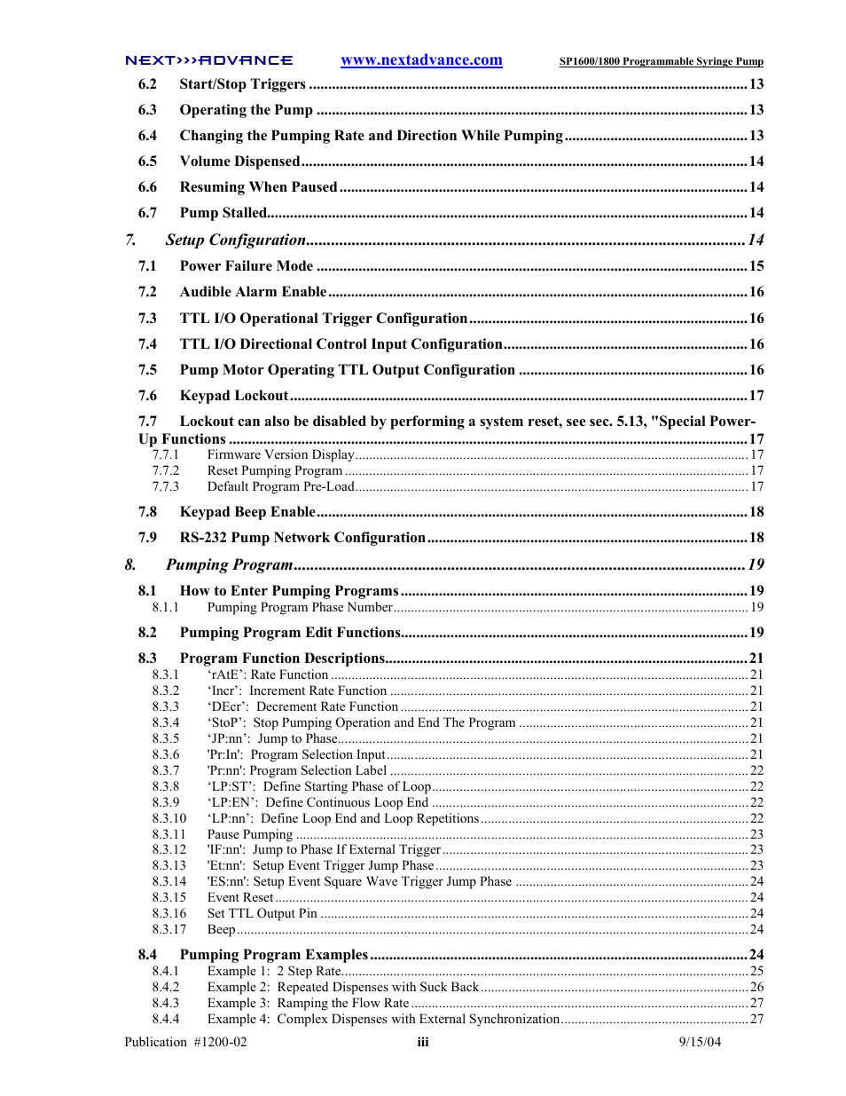 Next Advance SP1800 User Manual | Page 4 / 57