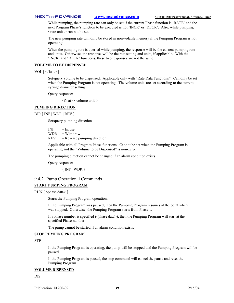 Next Advance SP1800 User Manual | Page 44 / 57