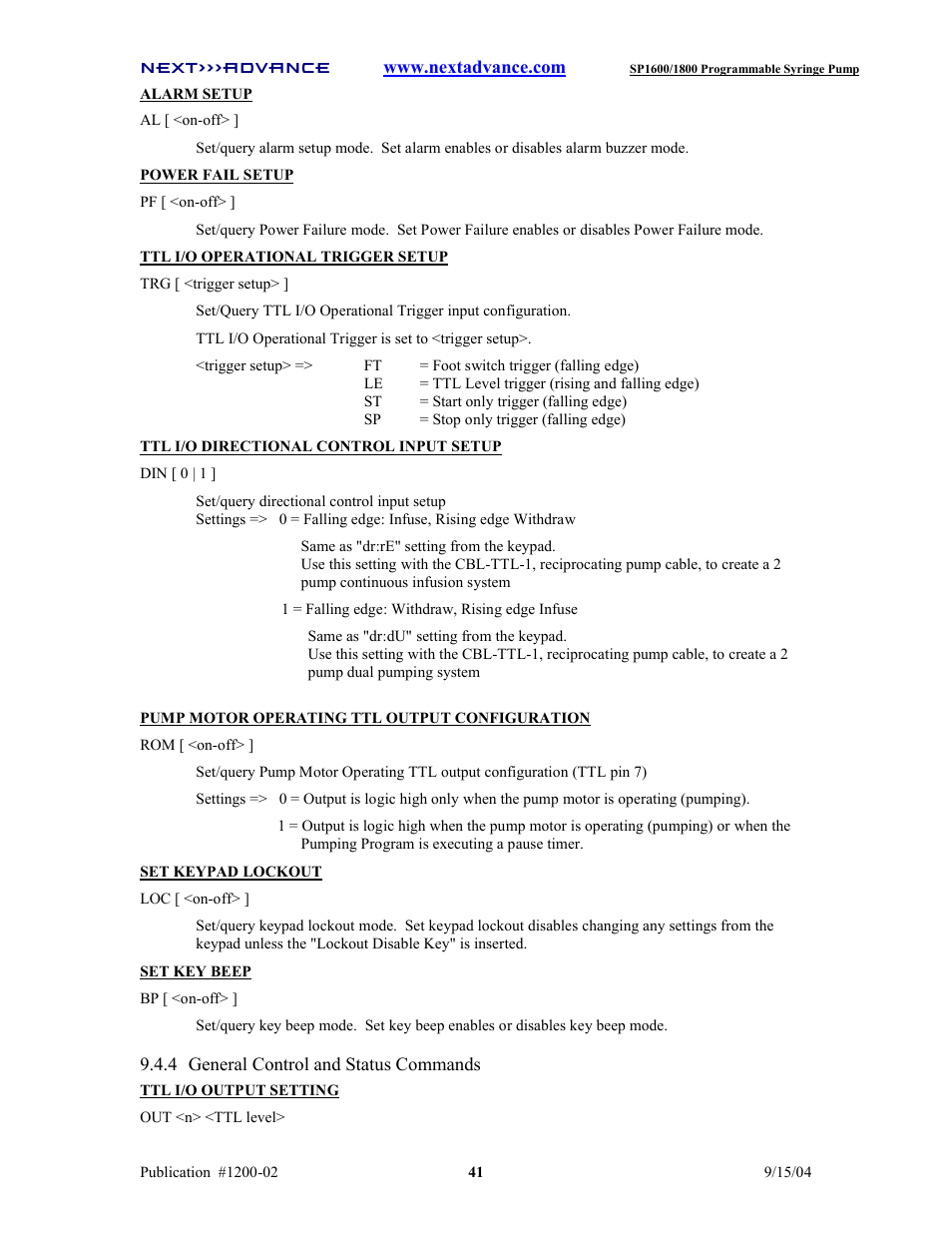 Next Advance SP1800 User Manual | Page 46 / 57