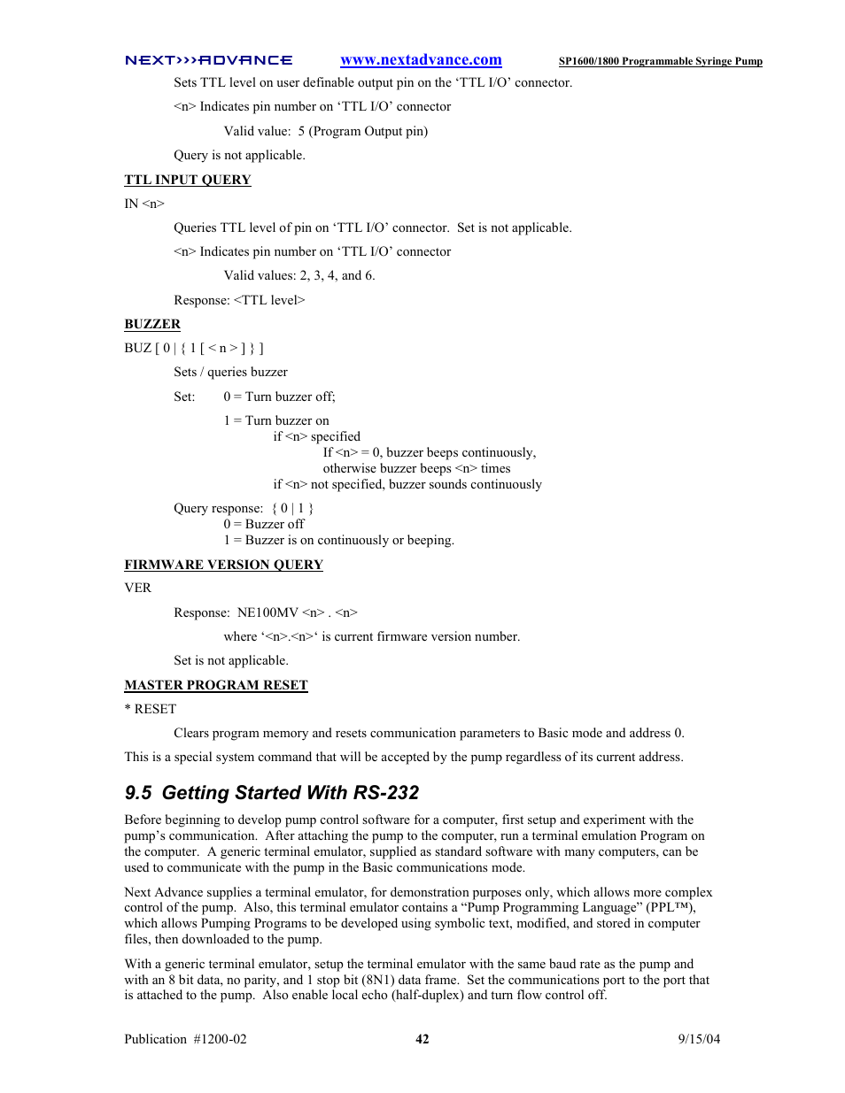 5 getting started with rs-232 | Next Advance SP1800 User Manual | Page 47 / 57