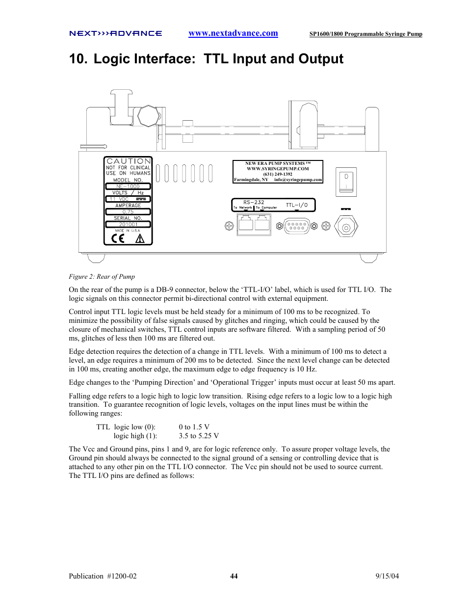 Logic interface: ttl input and output | Next Advance SP1800 User Manual | Page 49 / 57