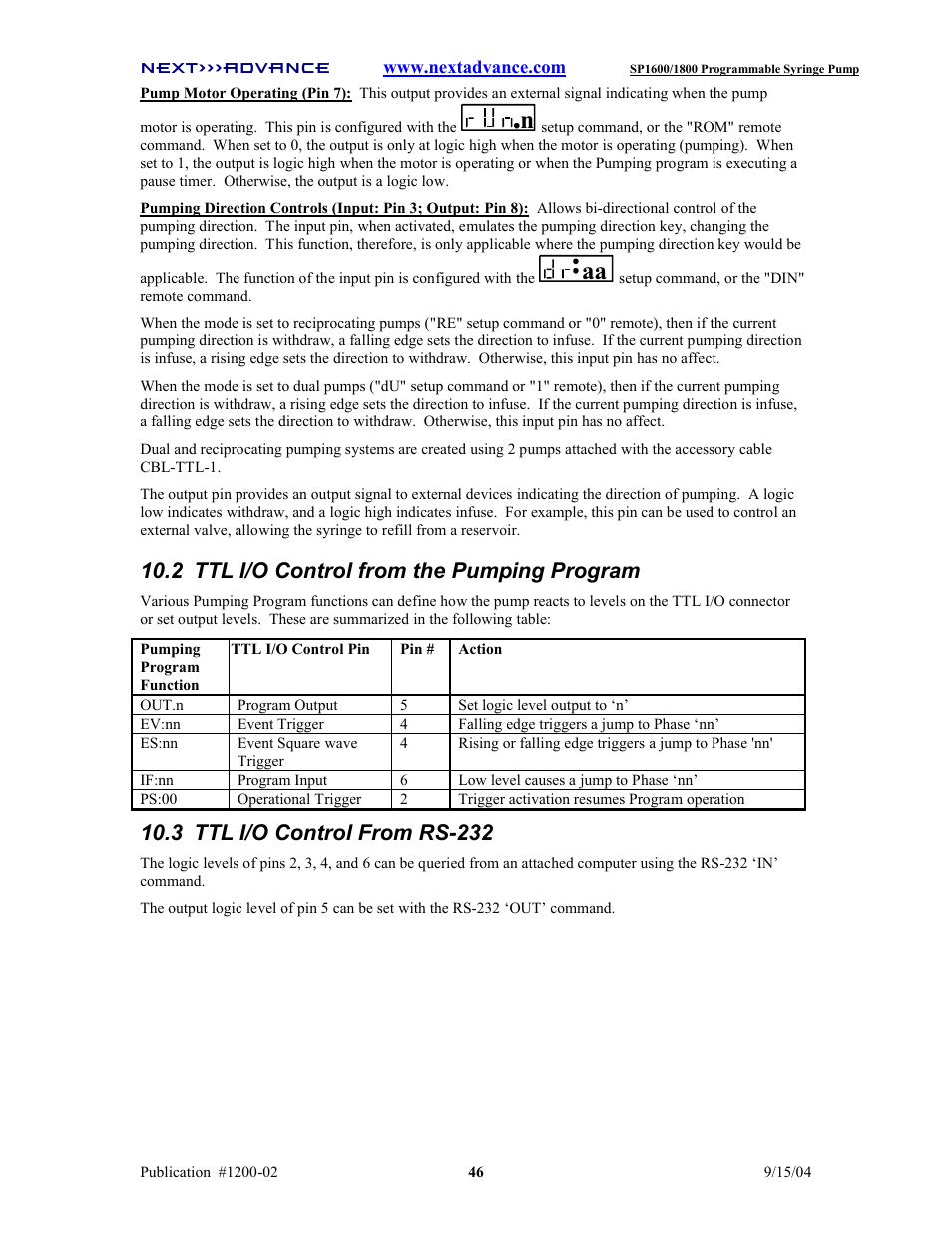 2 ttl i/o control from the pumping program, 3 ttl i/o control from rs-232 | Next Advance SP1800 User Manual | Page 51 / 57
