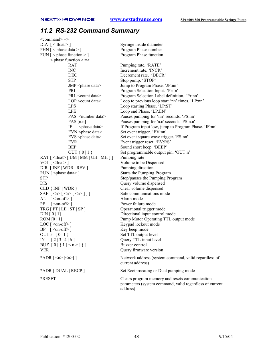 2 rs-232 command summary | Next Advance SP1800 User Manual | Page 53 / 57