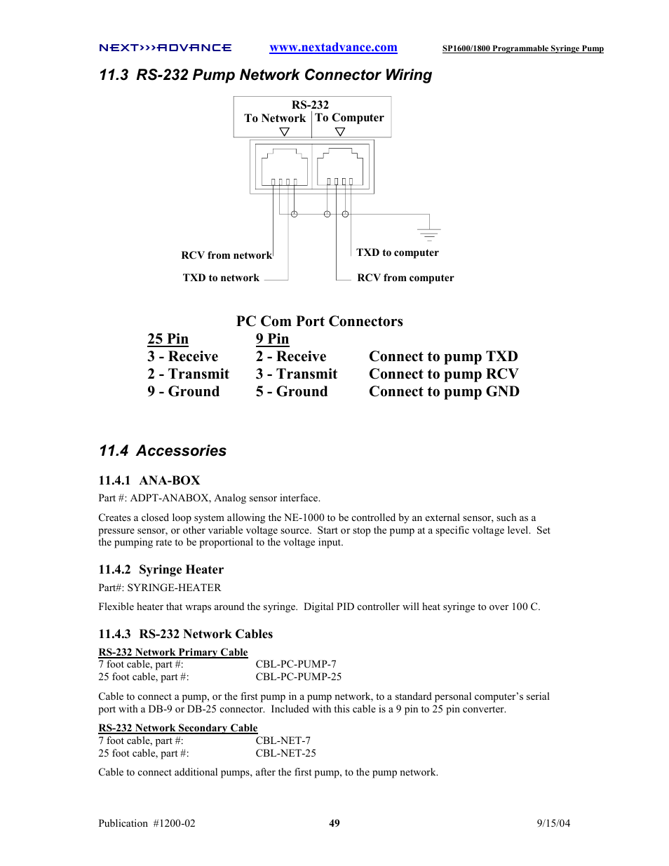 3 rs-232 pump network connector wiring | Next Advance SP1800 User Manual | Page 54 / 57