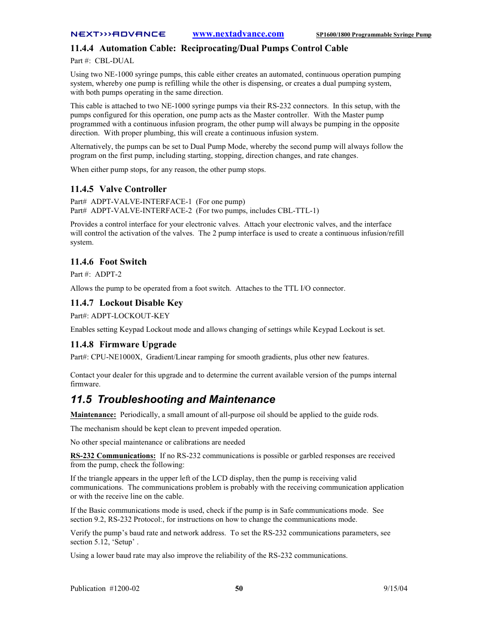 5 troubleshooting and maintenance | Next Advance SP1800 User Manual | Page 55 / 57