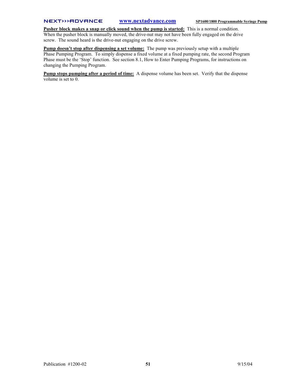 Next Advance SP1800 User Manual | Page 56 / 57