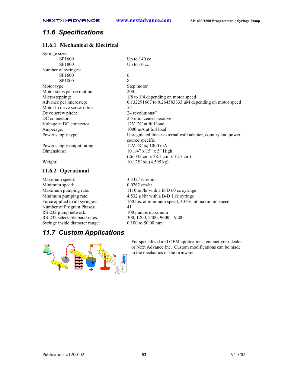 6 specifications, 7 custom applications | Next Advance SP1800 User Manual | Page 57 / 57