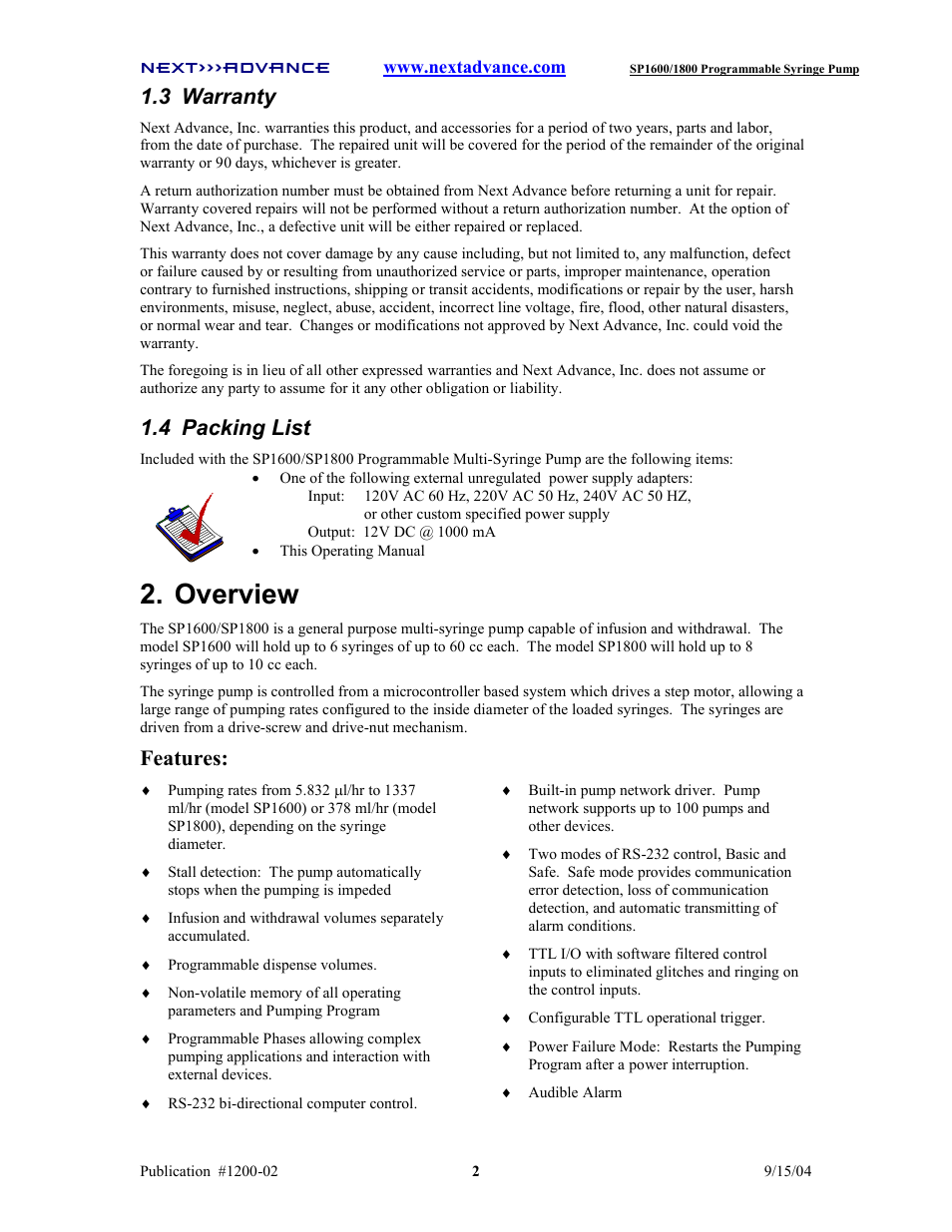 Overview, 3 warranty, 4 packing list | Features | Next Advance SP1800 User Manual | Page 7 / 57