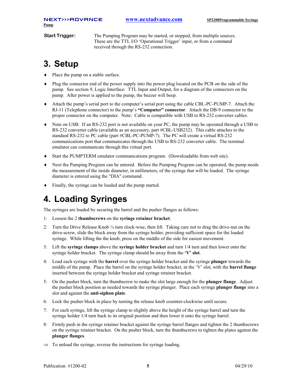 Setup, Loading syringes | Next Advance SP2200 User Manual | Page 10 / 52