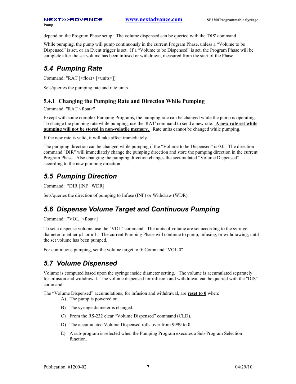 4 pumping rate, 5 pumping direction, 6 dispense volume target and continuous pumping | 7 volume dispensed | Next Advance SP2200 User Manual | Page 12 / 52