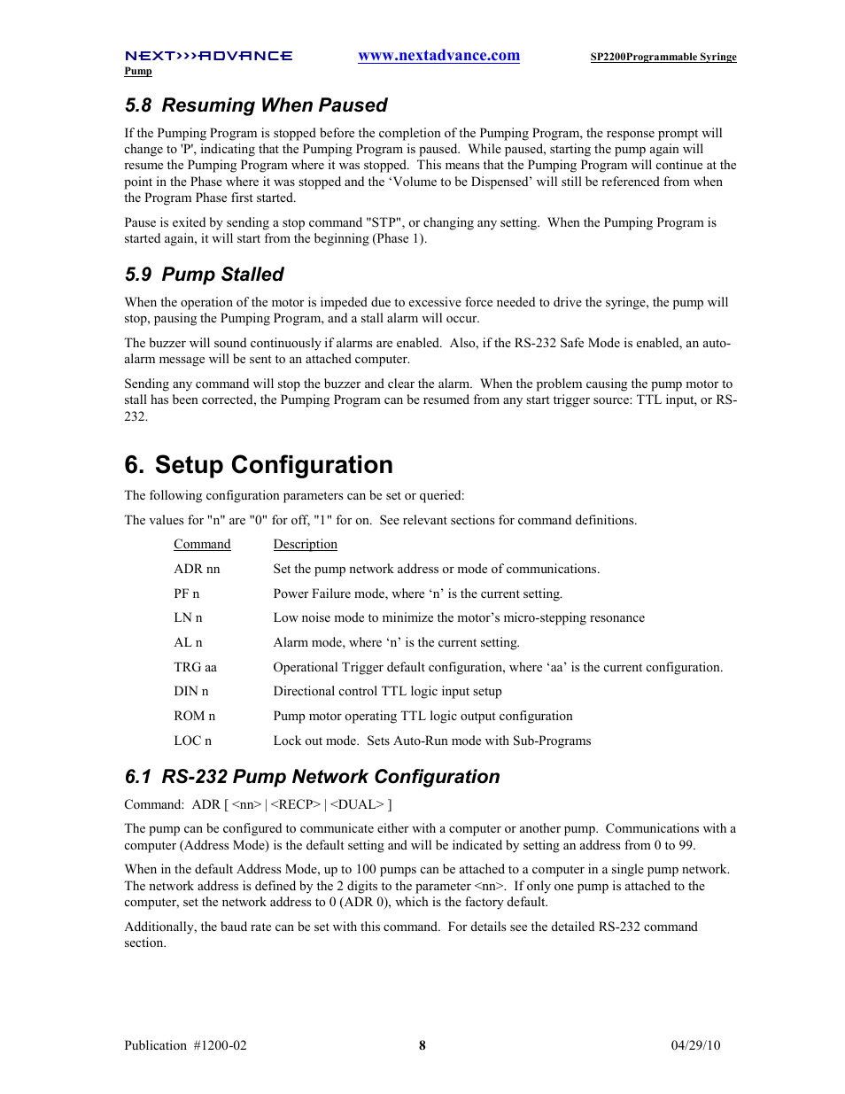 Setup configuration, 8 resuming when paused, 9 pump stalled | 1 rs-232 pump network configuration | Next Advance SP2200 User Manual | Page 13 / 52