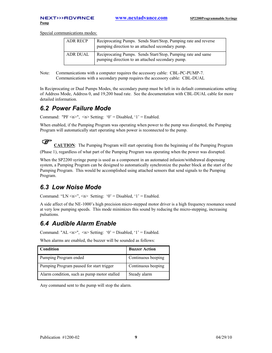 2 power failure mode, 3 low noise mode, 4 audible alarm enable | Next Advance SP2200 User Manual | Page 14 / 52