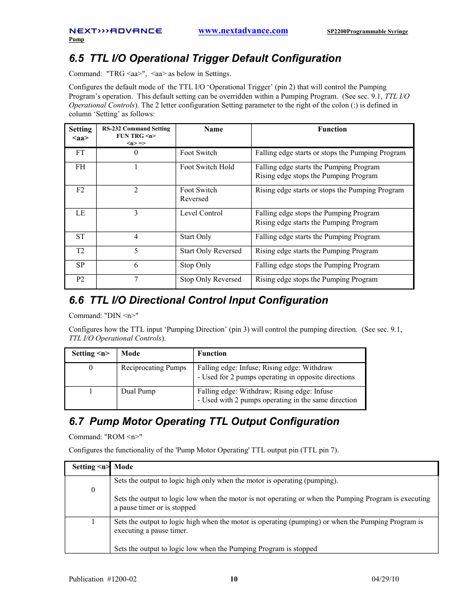 6 ttl i/o directional control input configuration, 7 pump motor operating ttl output configuration | Next Advance SP2200 User Manual | Page 15 / 52