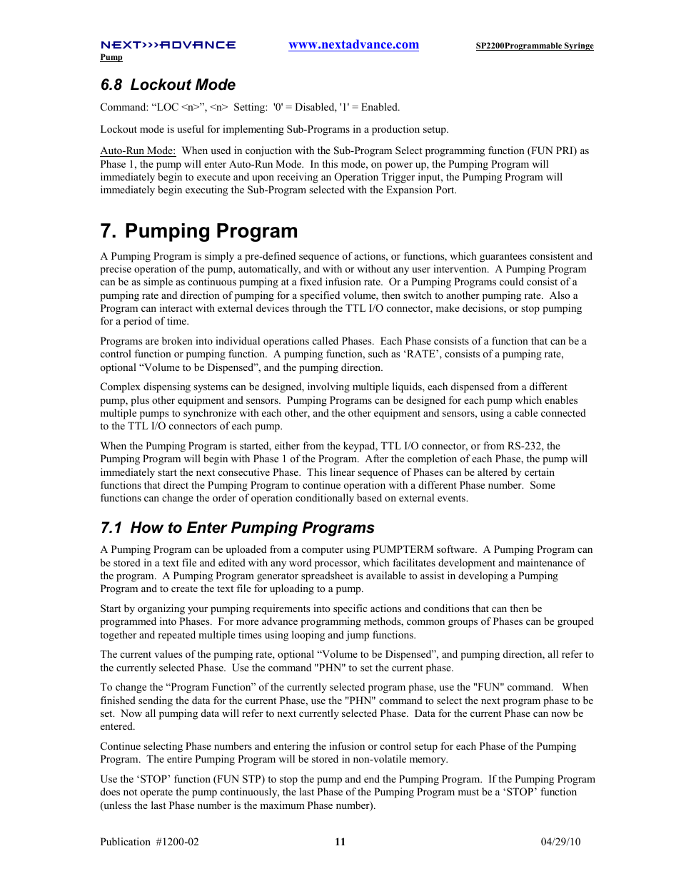 Pumping program, 8 lockout mode, 1 how to enter pumping programs | Next Advance SP2200 User Manual | Page 16 / 52