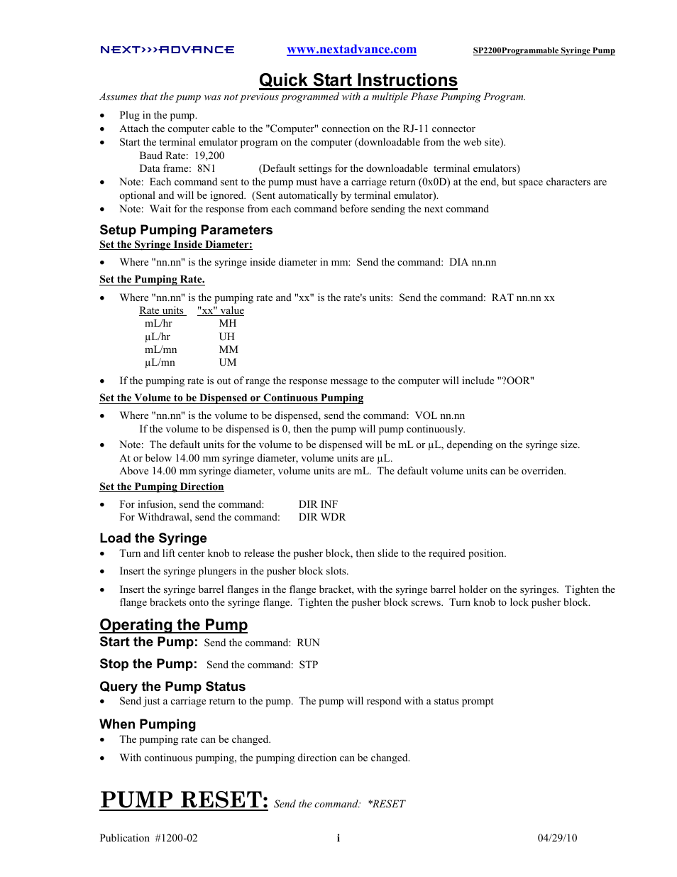 Pump reset, Quick start instructions, Operating the pump | Next Advance SP2200 User Manual | Page 2 / 52