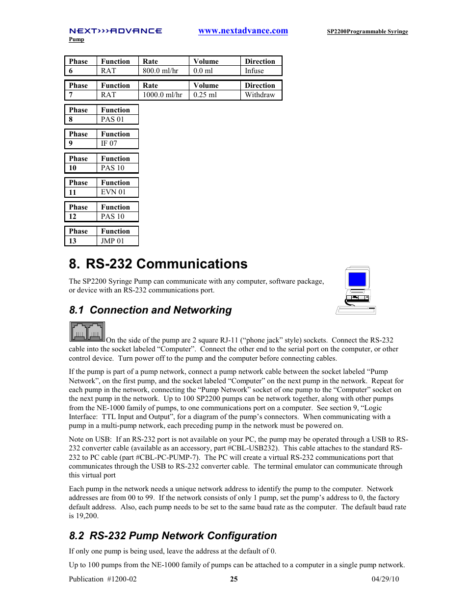 Rs-232 communications, 1 connection and networking, 2 rs-232 pump network configuration | Next Advance SP2200 User Manual | Page 30 / 52