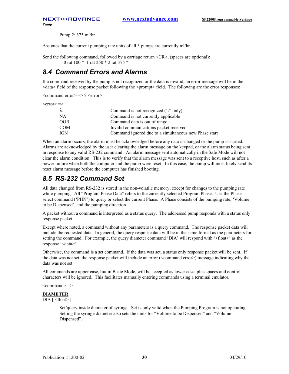 4 command errors and alarms, 5 rs-232 command set | Next Advance SP2200 User Manual | Page 35 / 52