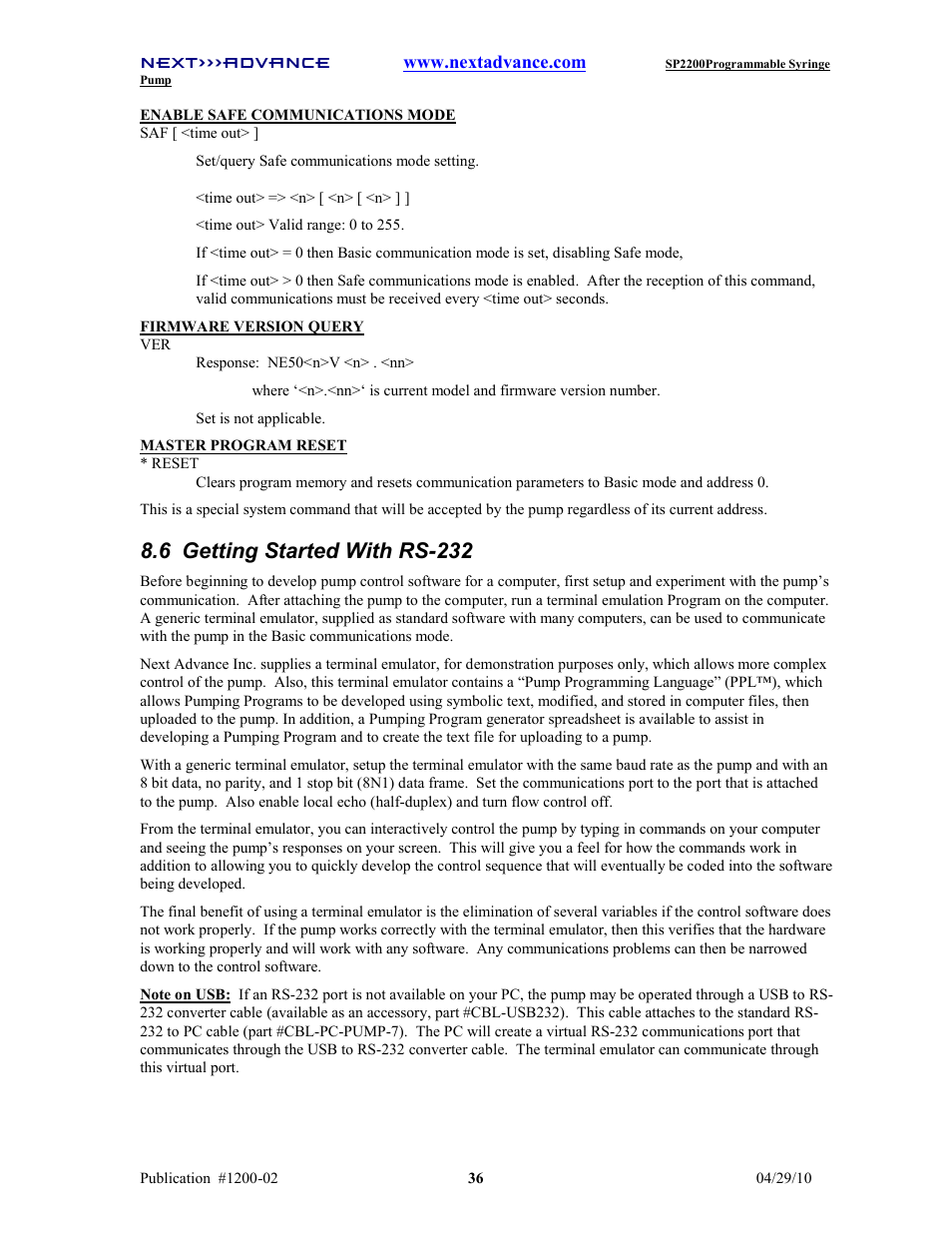 6 getting started with rs-232 | Next Advance SP2200 User Manual | Page 41 / 52
