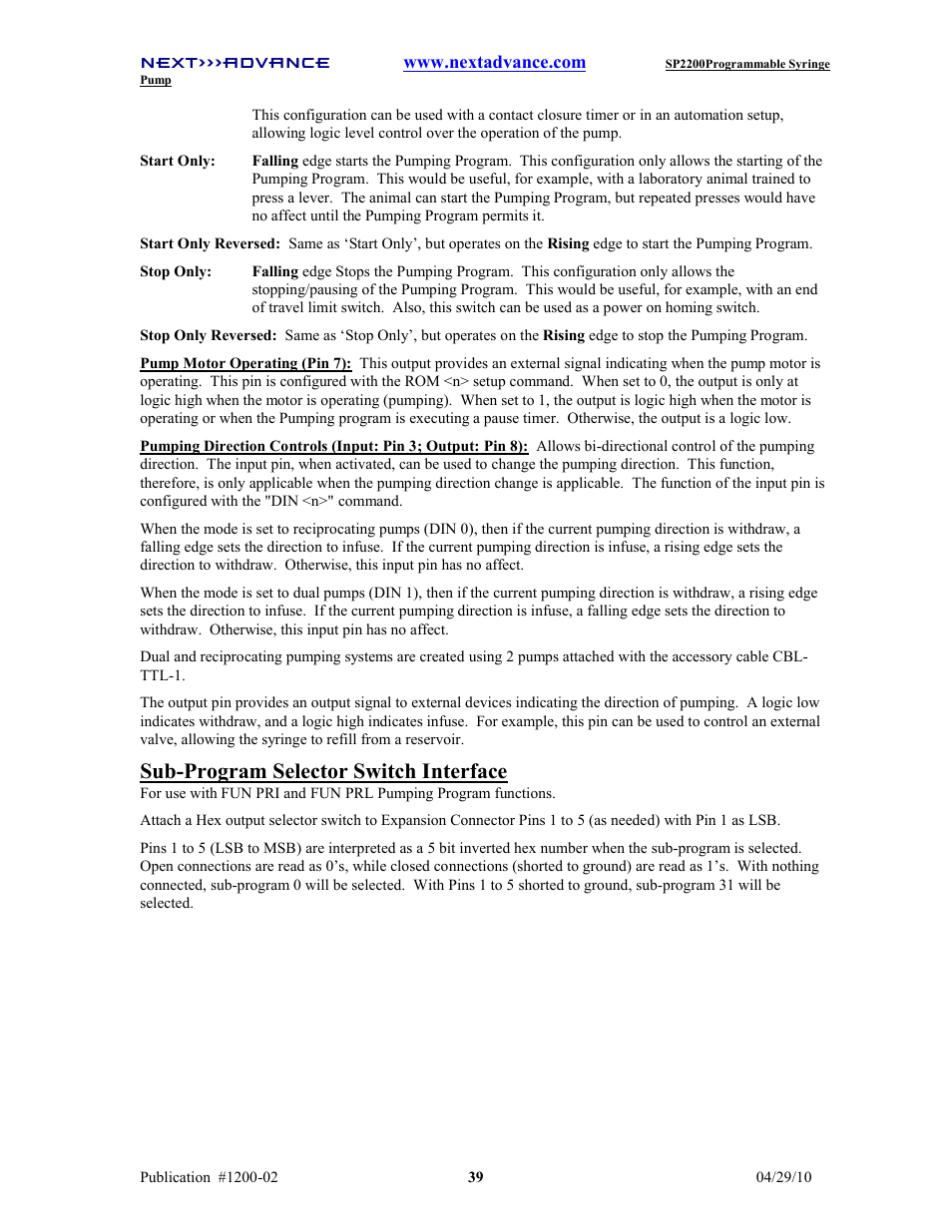 Sub-program selector switch interface | Next Advance SP2200 User Manual | Page 44 / 52