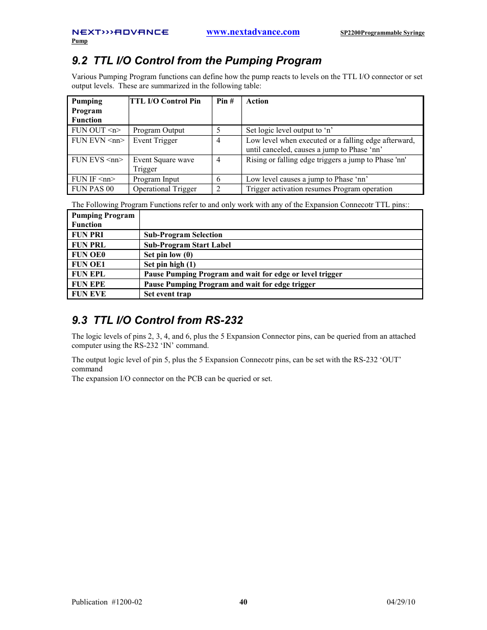 2 ttl i/o control from the pumping program, 3 ttl i/o control from rs-232 | Next Advance SP2200 User Manual | Page 45 / 52