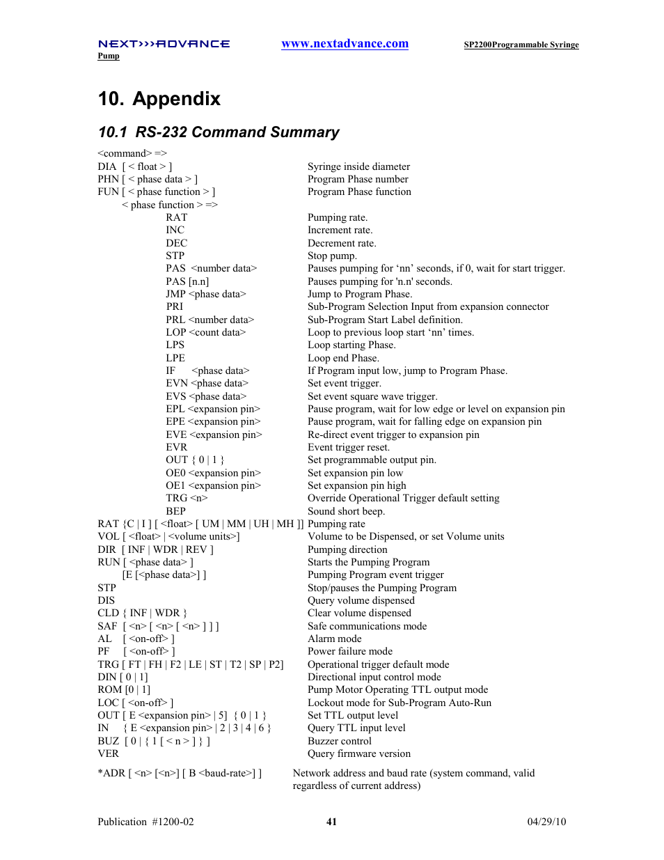 Appendix, 1 rs-232 command summary | Next Advance SP2200 User Manual | Page 46 / 52