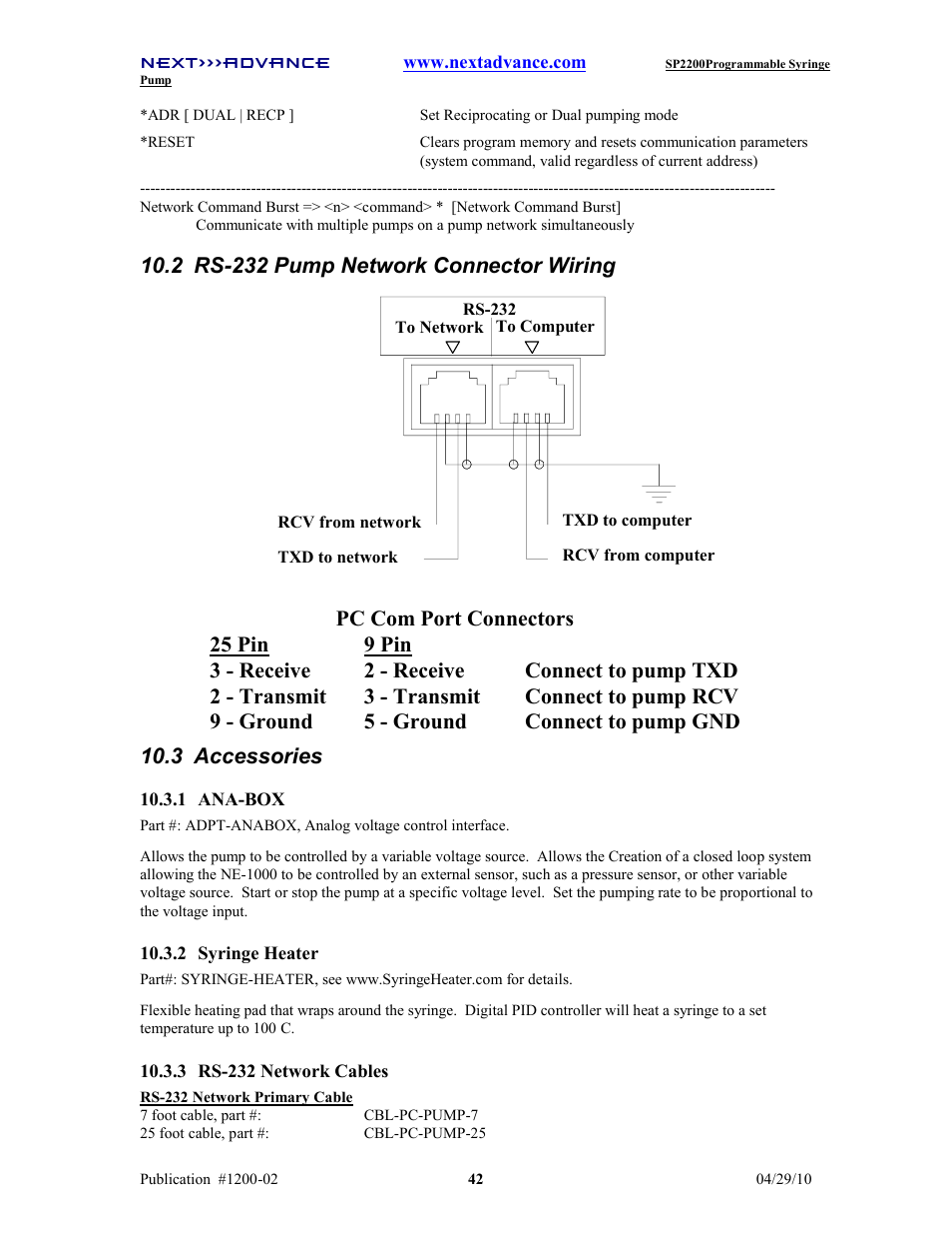 2 rs-232 pump network connector wiring | Next Advance SP2200 User Manual | Page 47 / 52