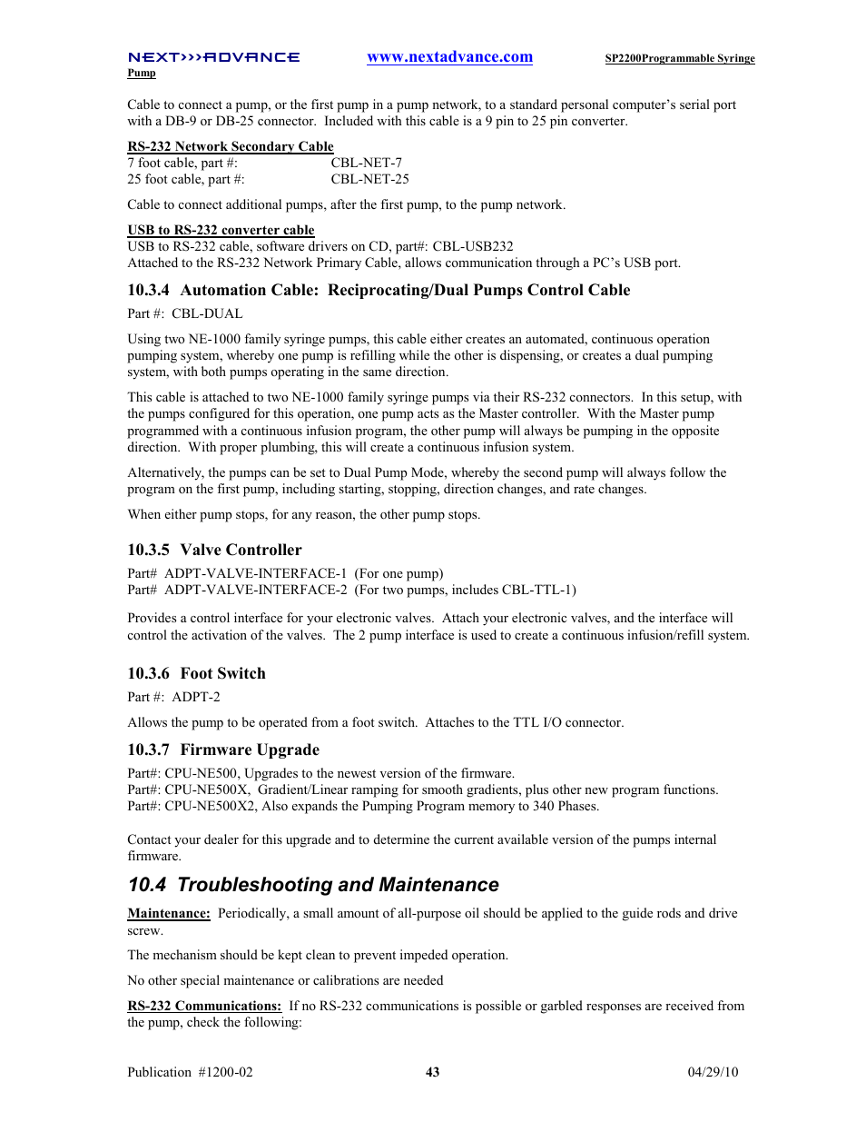 4 troubleshooting and maintenance | Next Advance SP2200 User Manual | Page 48 / 52