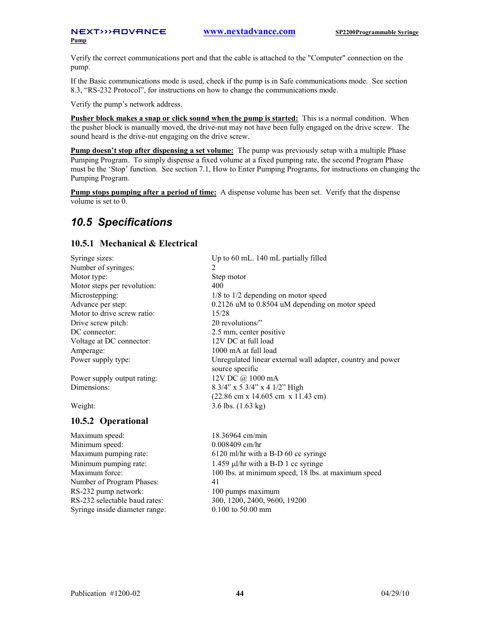 5 specifications | Next Advance SP2200 User Manual | Page 49 / 52