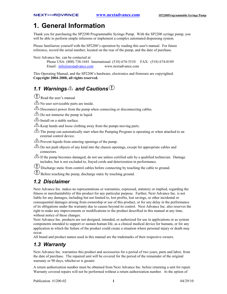 General information, 1 warnings, And cautions | 2 disclaimer, 3 warranty | Next Advance SP2200 User Manual | Page 6 / 52