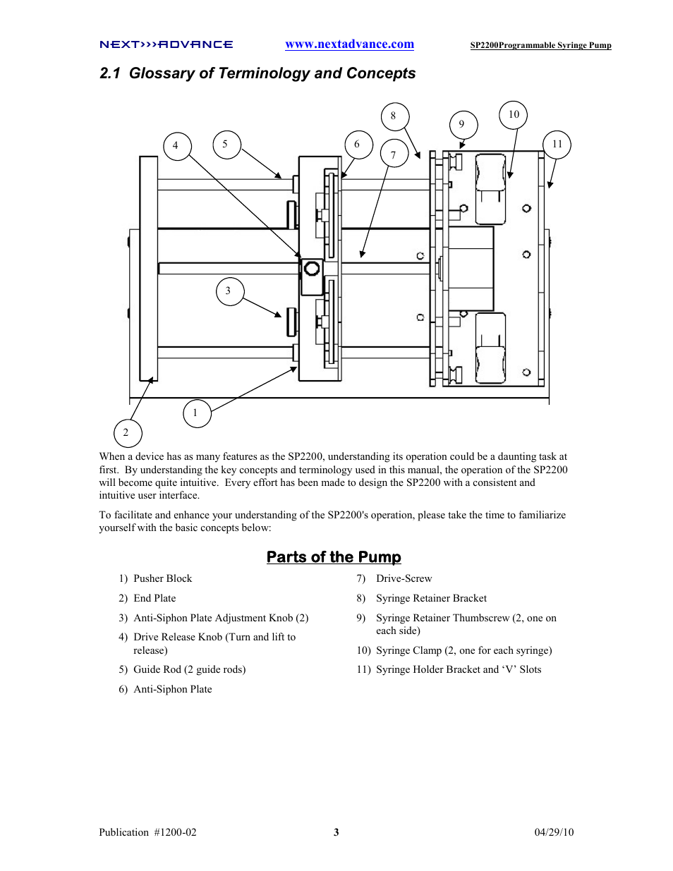 1 glossary of terminology and concepts, Parts of the pump | Next Advance SP2200 User Manual | Page 8 / 52