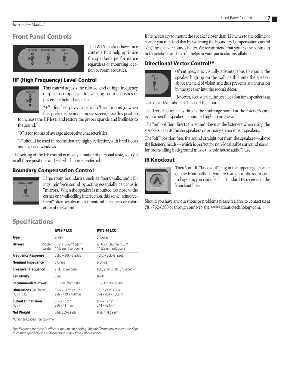 Front panel controls, Specifications, Hf (high frequency) level control | Boundary compensation control, Directional vector control, Ir knockout | Atlantic Technology IWTS-14 LCR User Manual | Page 7 / 8