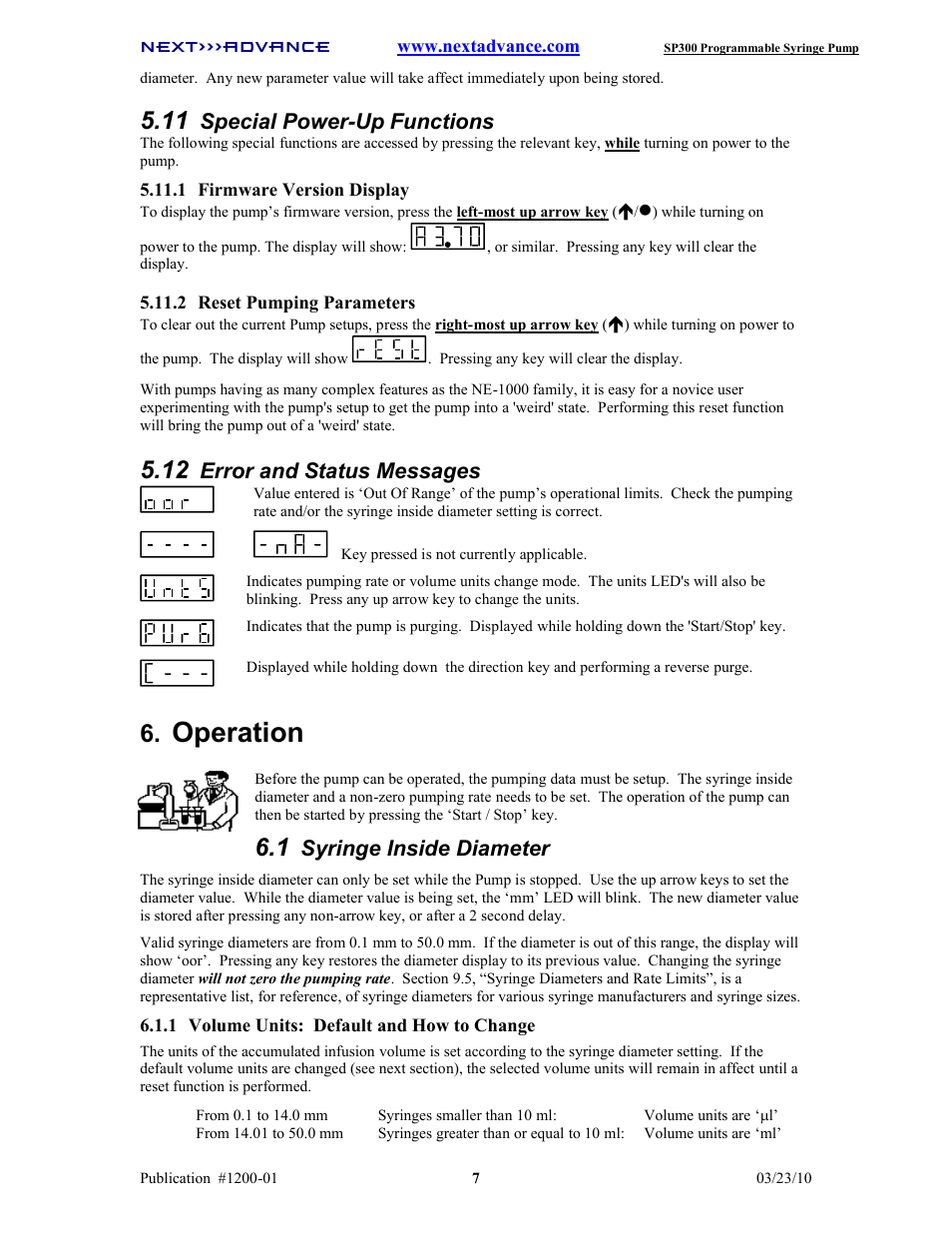 Operation, Special power-up functions, Error and status messages | Syringe inside diameter | Next Advance SP300 User Manual | Page 10 / 14