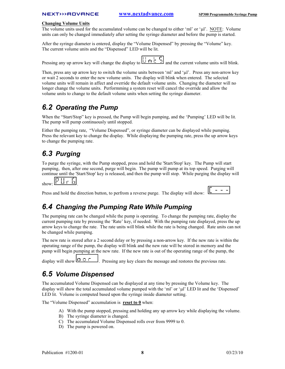 Operating the pump, Purging, Changing the pumping rate while pumping | Volume dispensed | Next Advance SP300 User Manual | Page 11 / 14