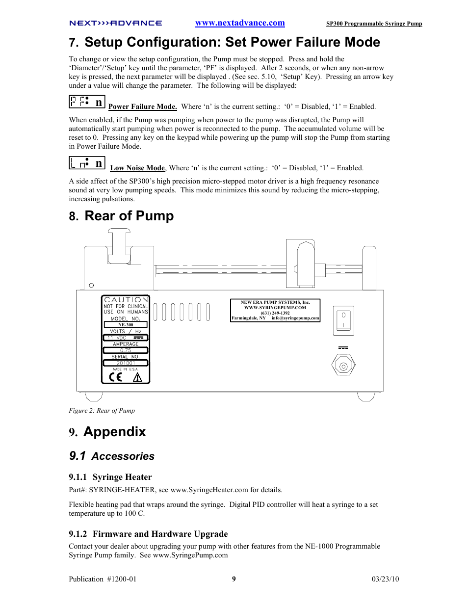 Setup configuration: set power failure mode, Rear of pump, Appendix | Accessories | Next Advance SP300 User Manual | Page 12 / 14