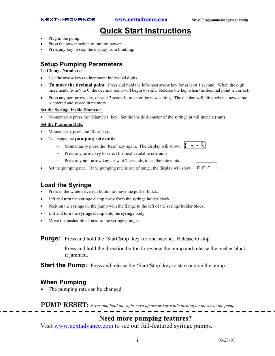 Quick start instructions, Need more pumping features, Setup pumping parameters | Load the syringe, Purge, Start the pump, When pumping, Pump reset | Next Advance SP300 User Manual | Page 2 / 14