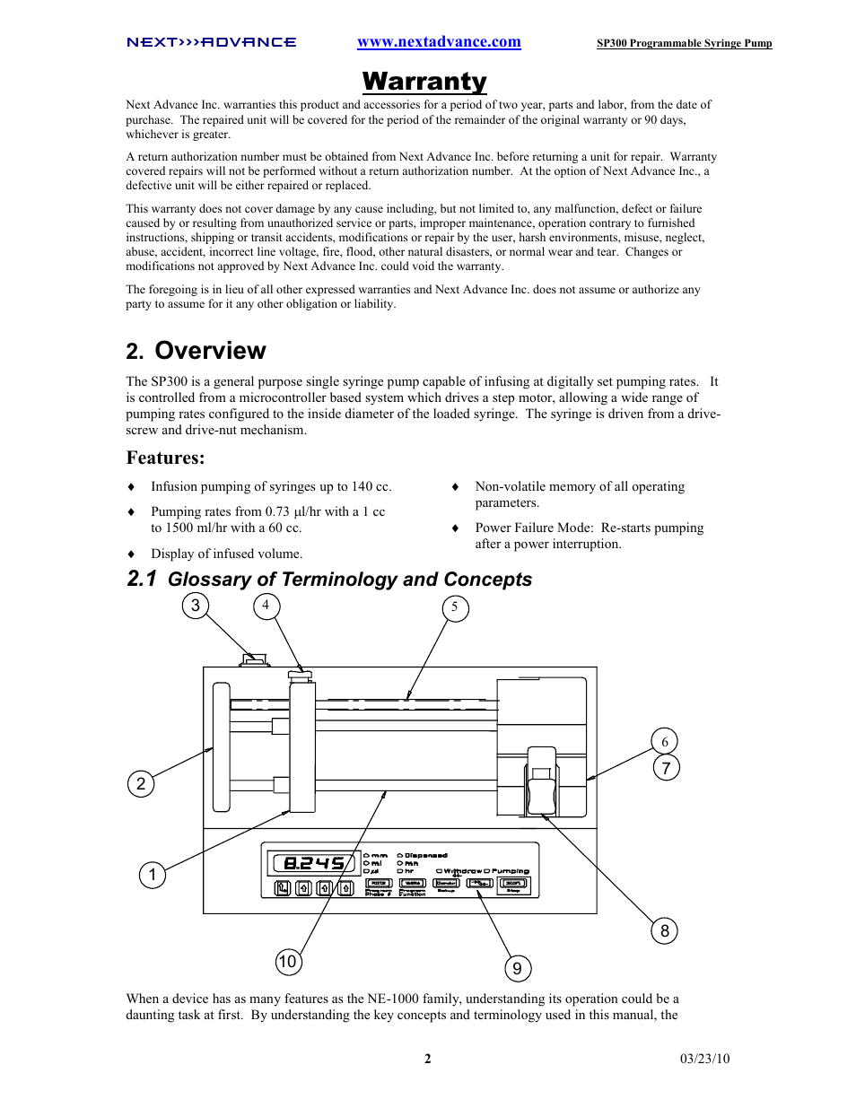 Warranty, Overview, Features | Glossary of terminology and concepts | Next Advance SP300 User Manual | Page 5 / 14