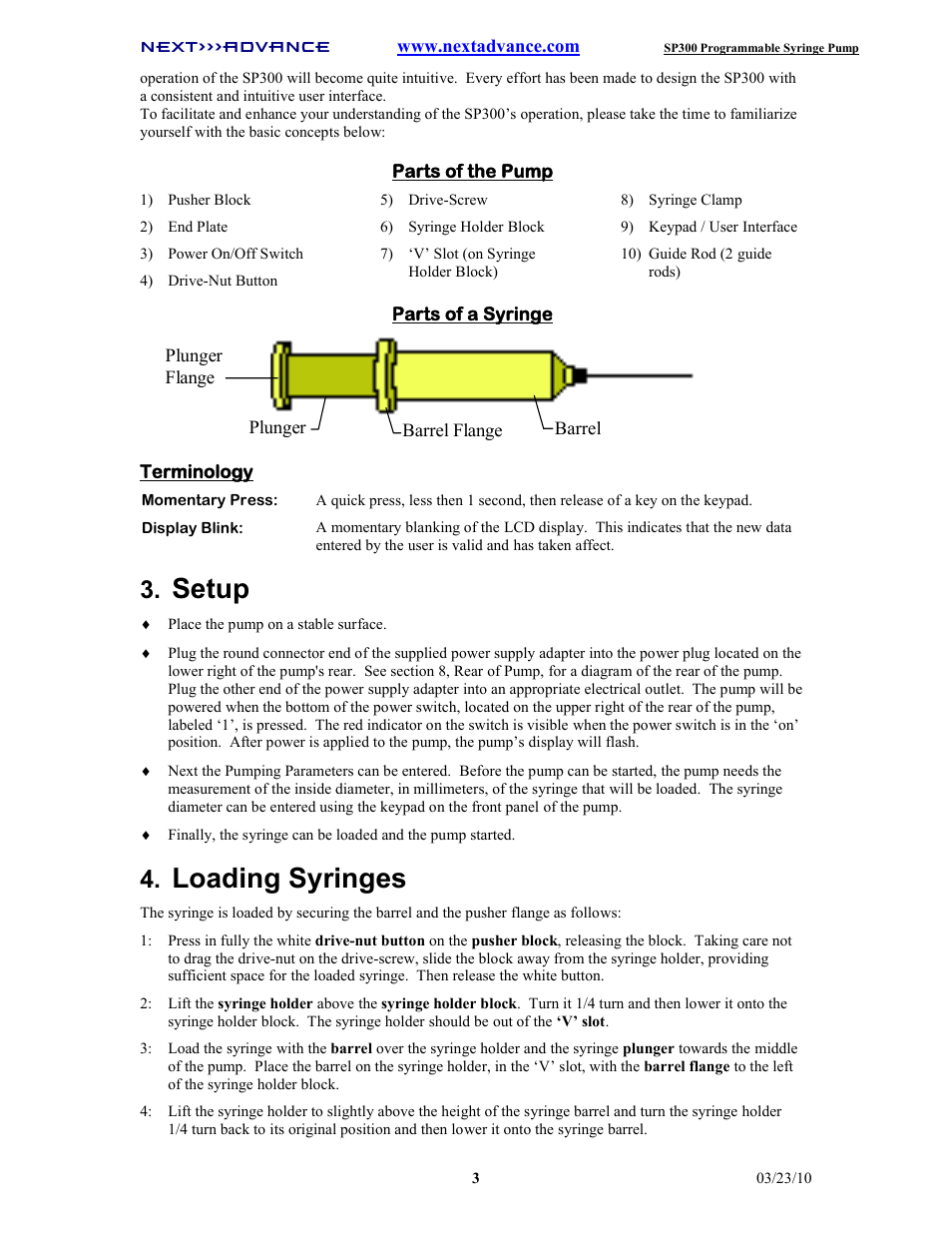 Setup, Loading syringes | Next Advance SP300 User Manual | Page 6 / 14