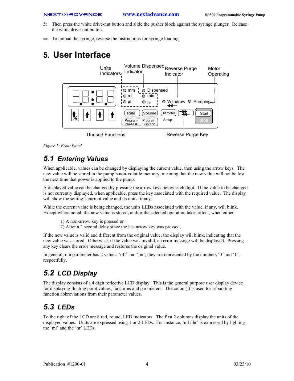 User interface, Entering values, Lcd display | Leds | Next Advance SP300 User Manual | Page 7 / 14