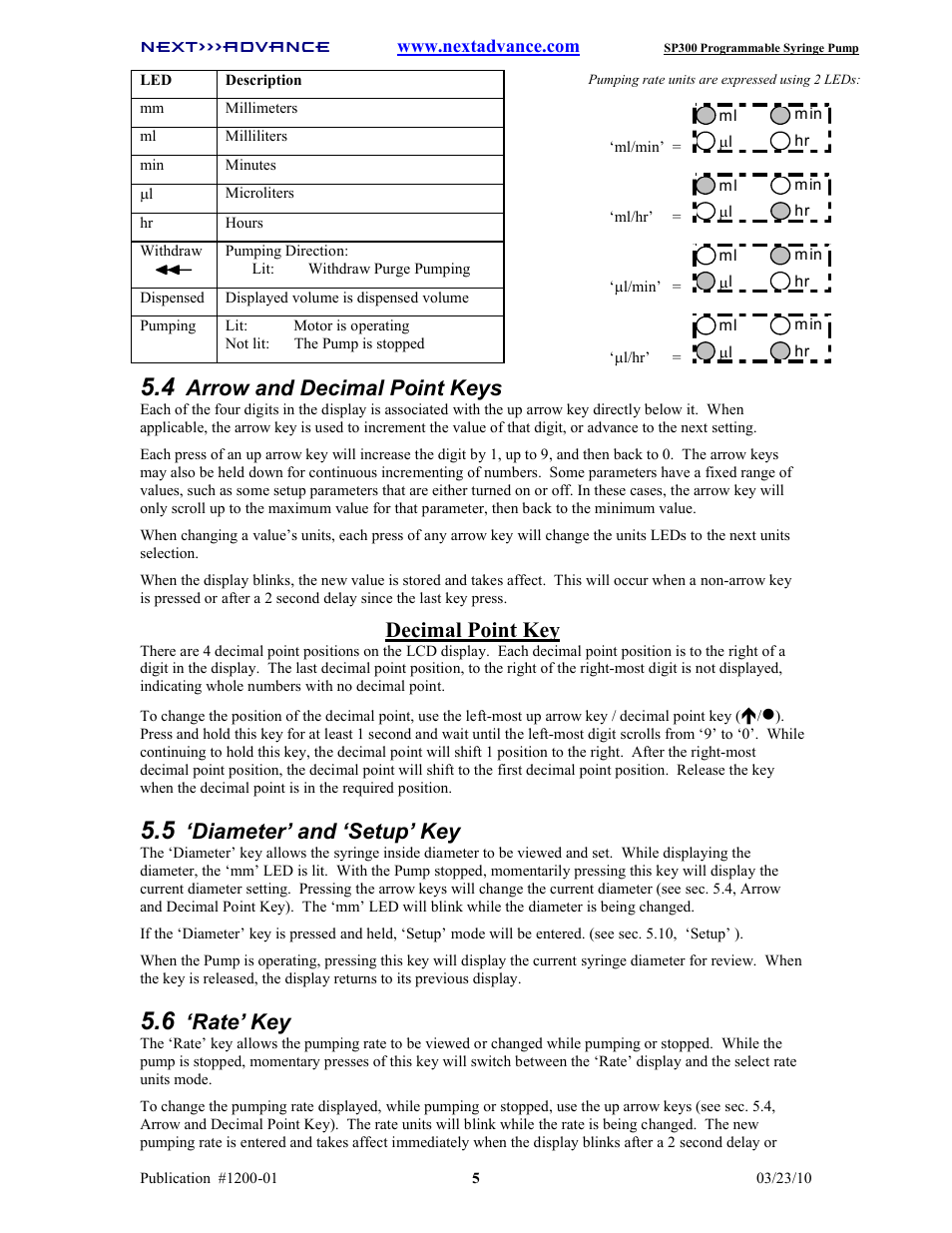 Arrow and decimal point keys, Decimal point key, Diameter’ and ‘setup’ key | Rate’ key | Next Advance SP300 User Manual | Page 8 / 14