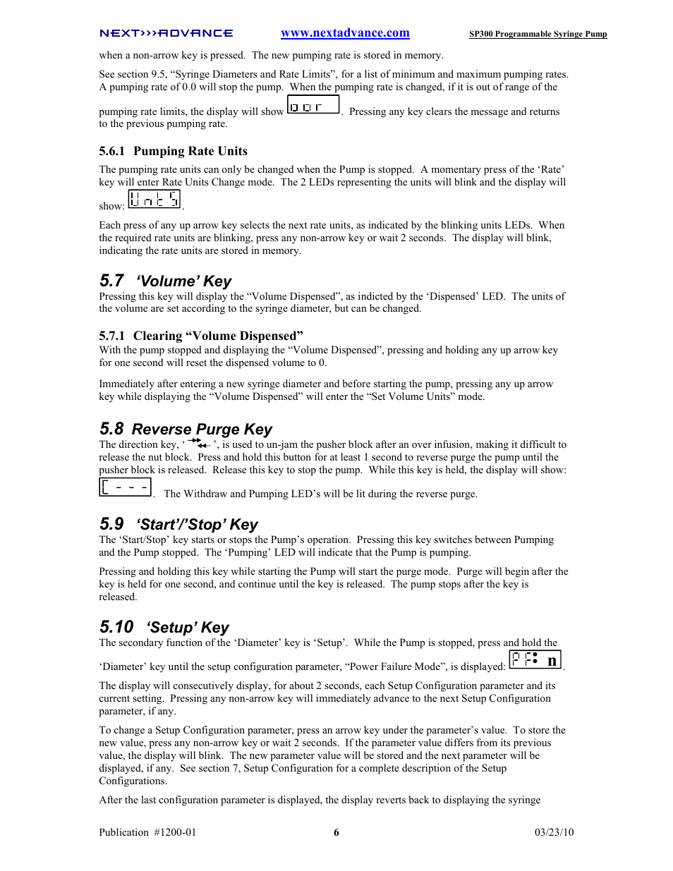 Volume’ key, Reverse purge key, Start’/’stop’ key | Setup’ key | Next Advance SP300 User Manual | Page 9 / 14
